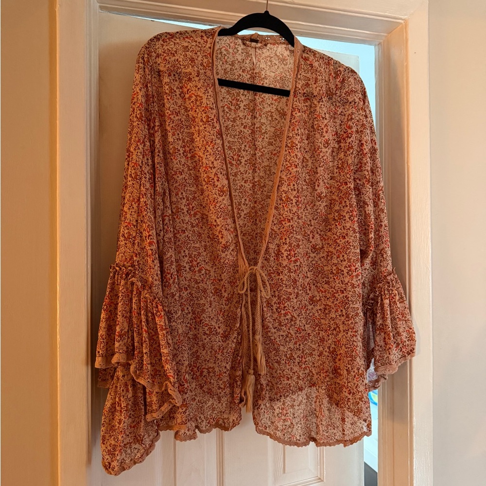 Floral Tie-Front Sheer Kimono Jacket - Pink Floral